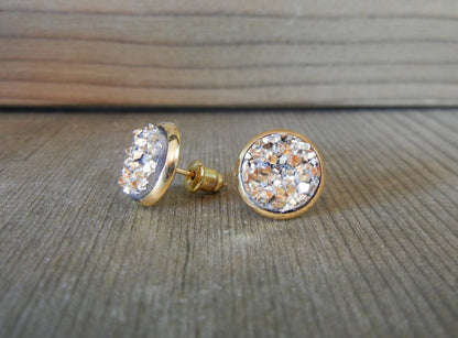 Gold Druzy Stud Earrings - 10mm Stone on Gold