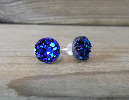 Deep Ocean Druzy Earrings - 8mm on Stainless Steel Posts.