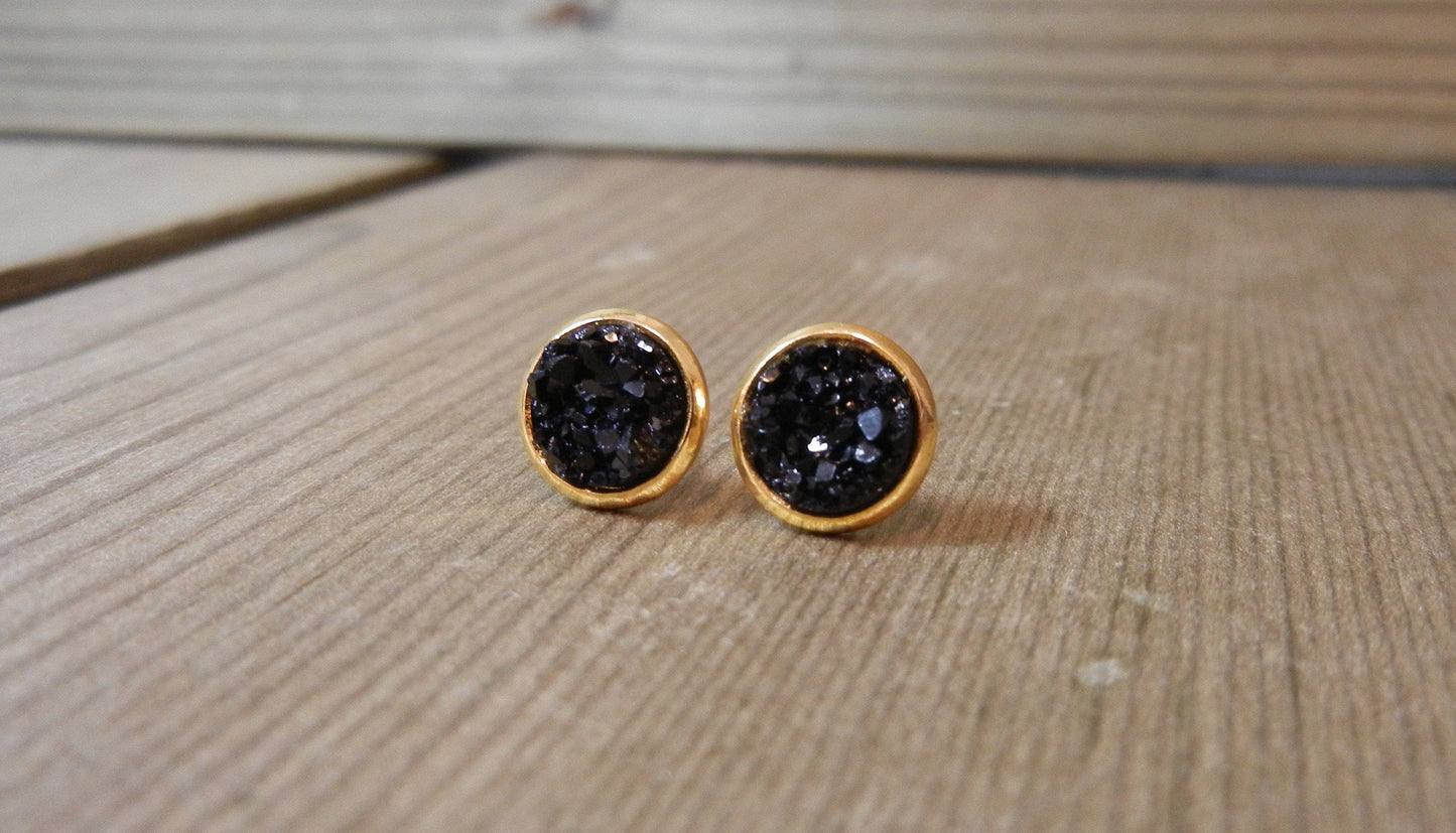 Black Druzy Stud Earrings - 8mm Stone on Gold