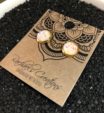 Pink Snow Druzy Stud Earrings - 8mm Stone on Gold