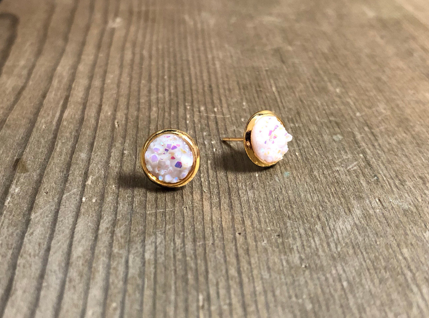Pink Snow Druzy Stud Earrings - 8mm Stone on Gold