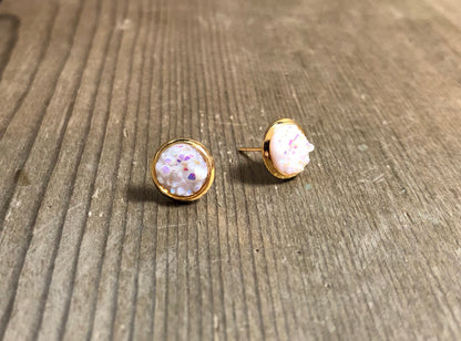 Pink Snow Druzy Stud Earrings - 8mm Stone on Gold