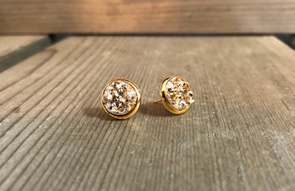 Gold Druzy Stud Earrings - 10mm Stone on Gold