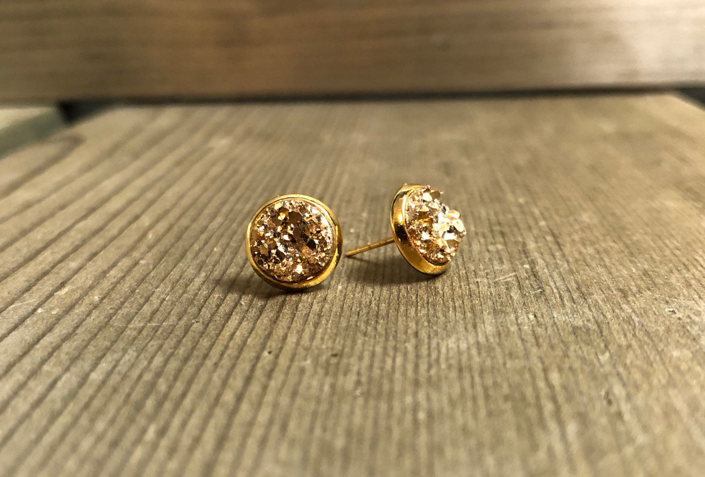 Gold Druzy Stud Earrings - 8mm Stone on Gold