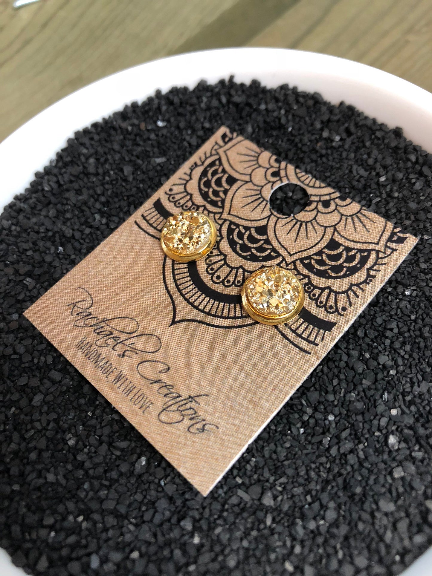 Gold Druzy Stud Earrings - 8mm Stone on Gold