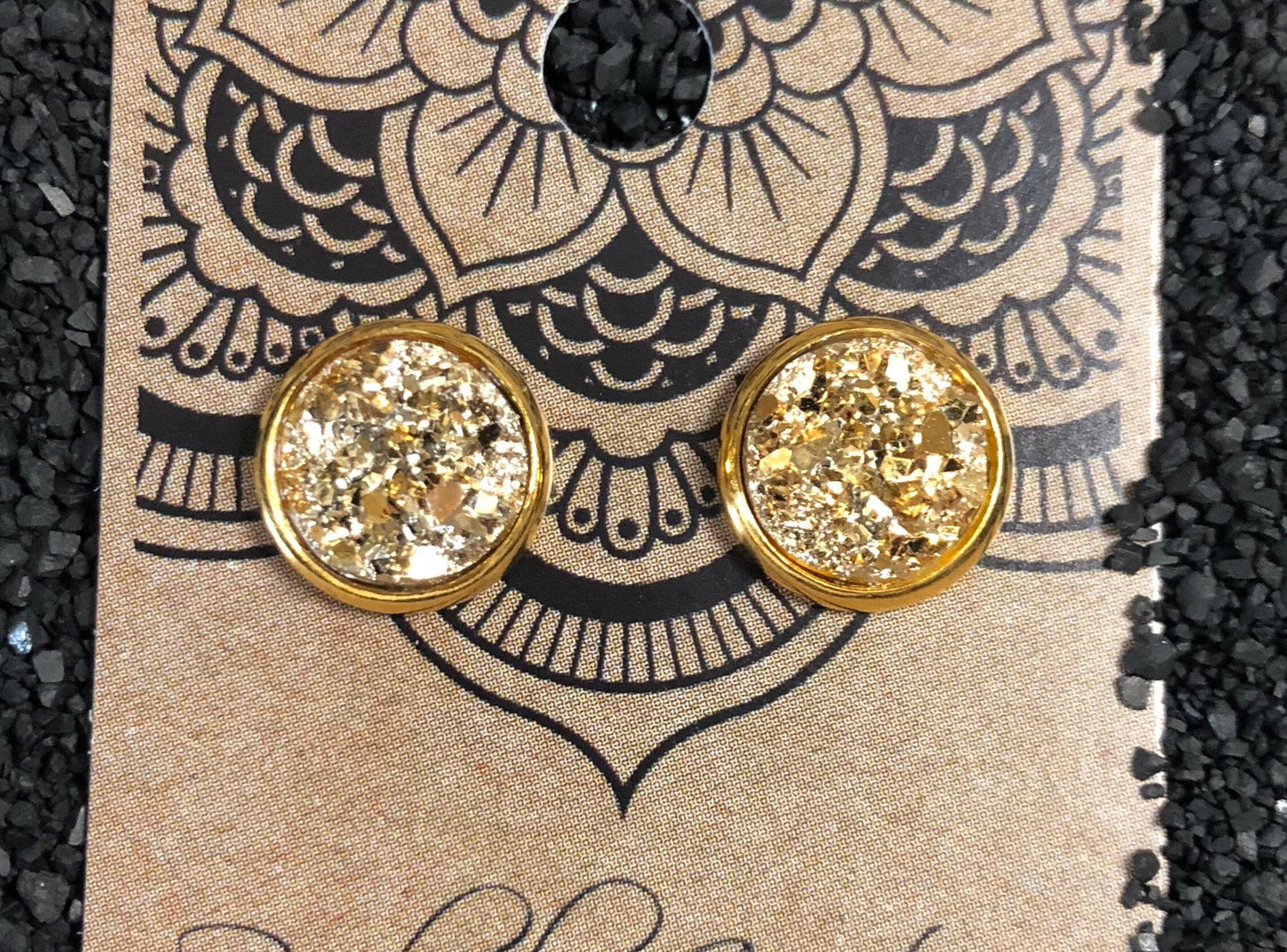 Gold Druzy Stud Earrings - 12mm Gold Stone on Gold