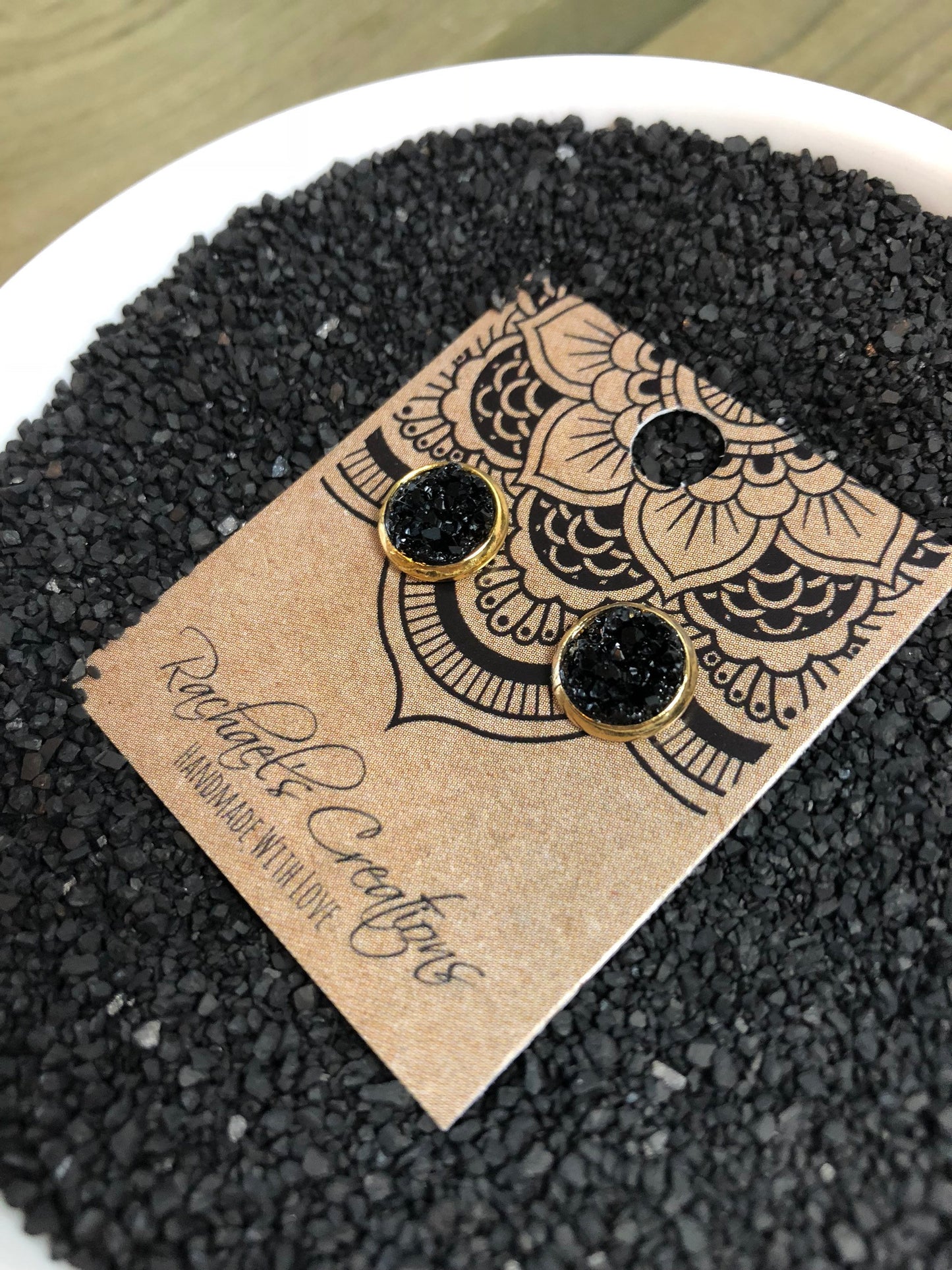 Black Druzy Stud Earrings - 8mm Stone on Gold