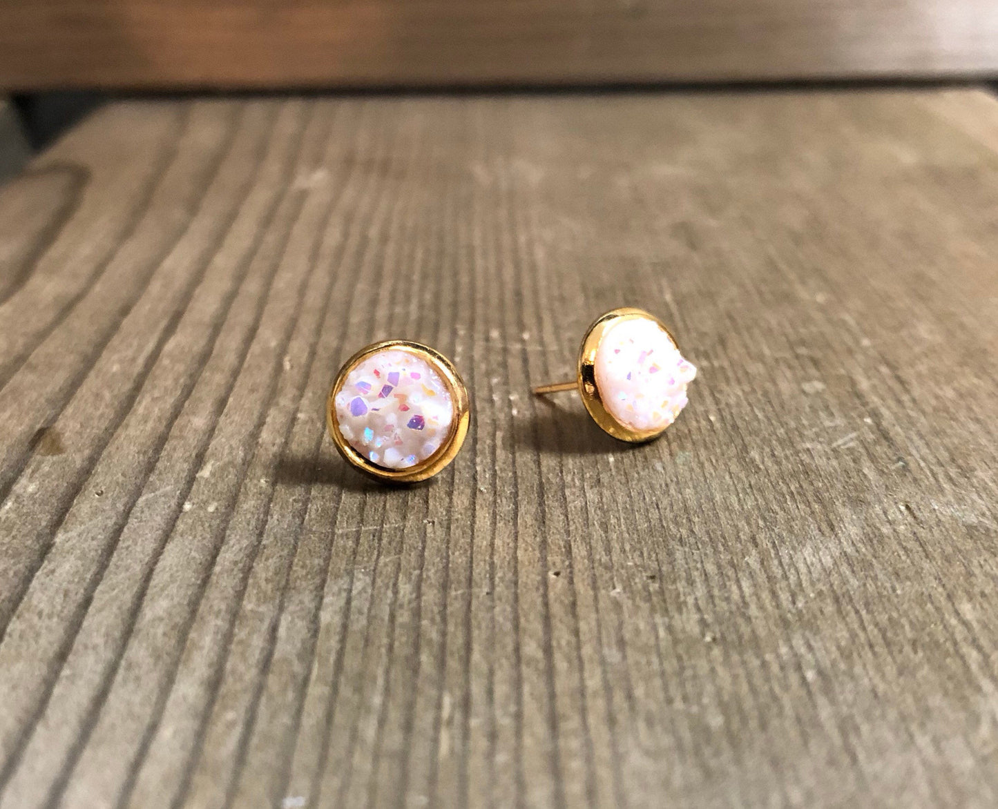 Pink Snow Druzy Stud Earrings - 8mm Stone on Gold