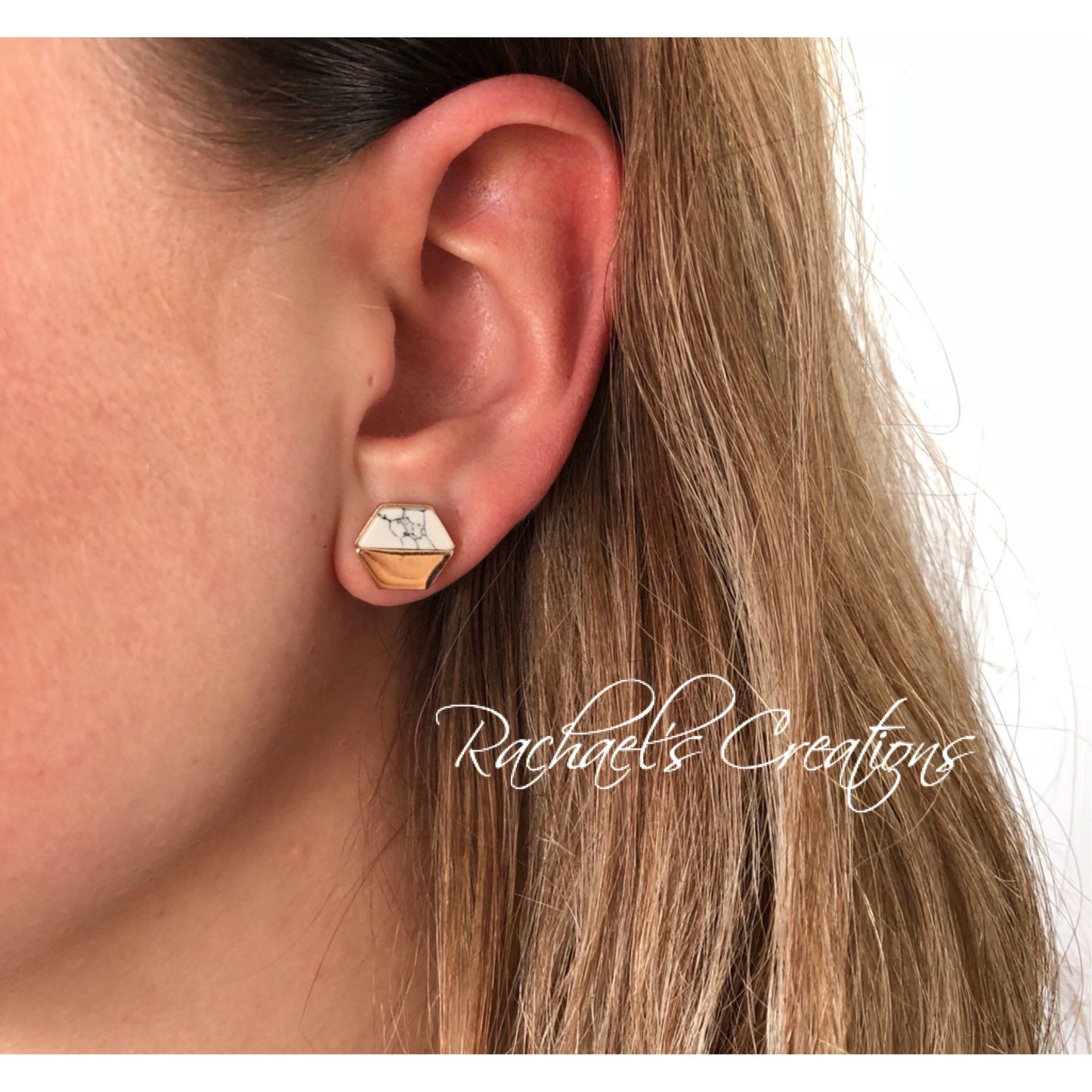 White Marble + Gold Hexagon Stud Earrings