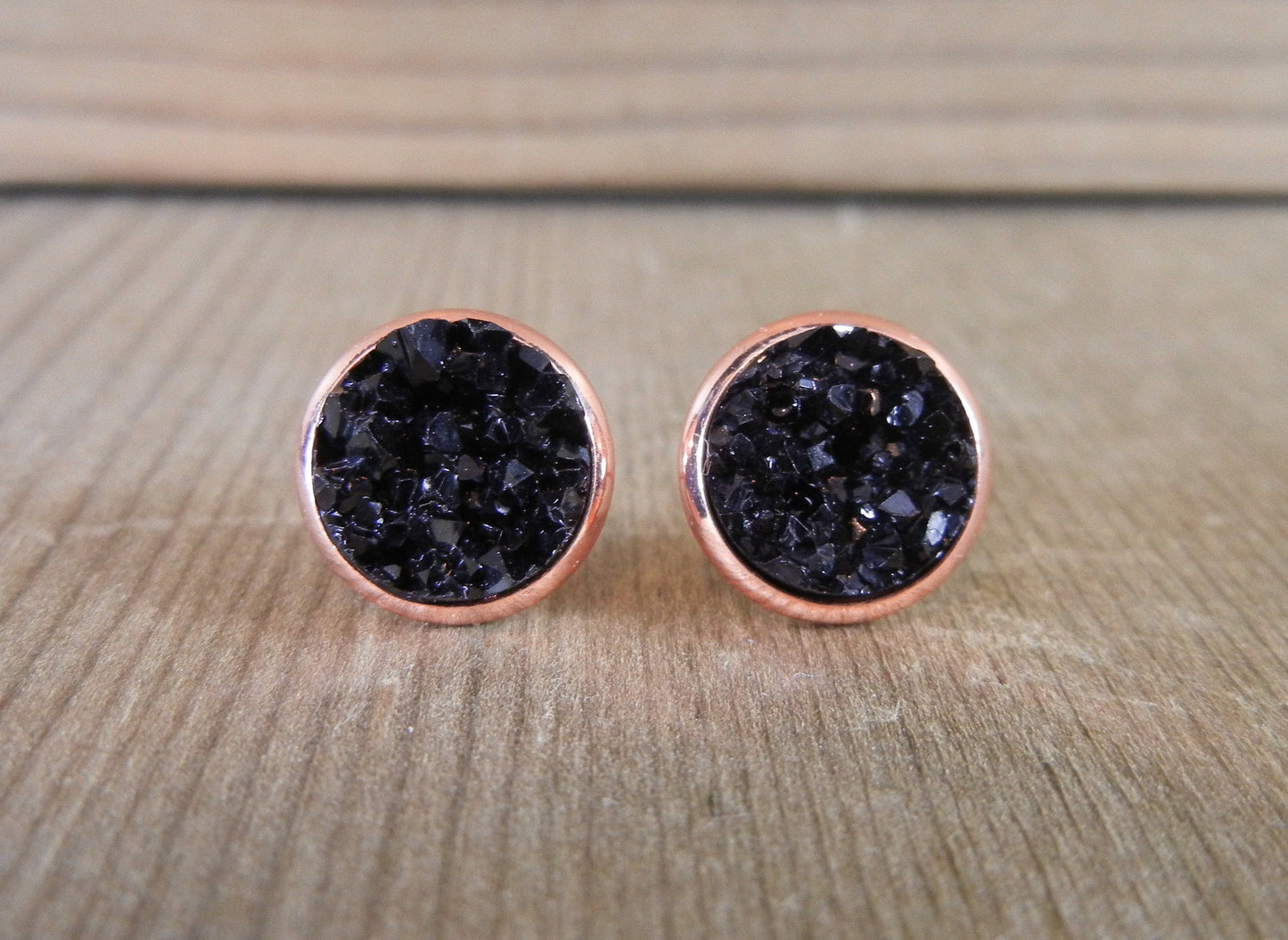 Black Druzy Stud Earrings - 10mm Stone on Rose Gold