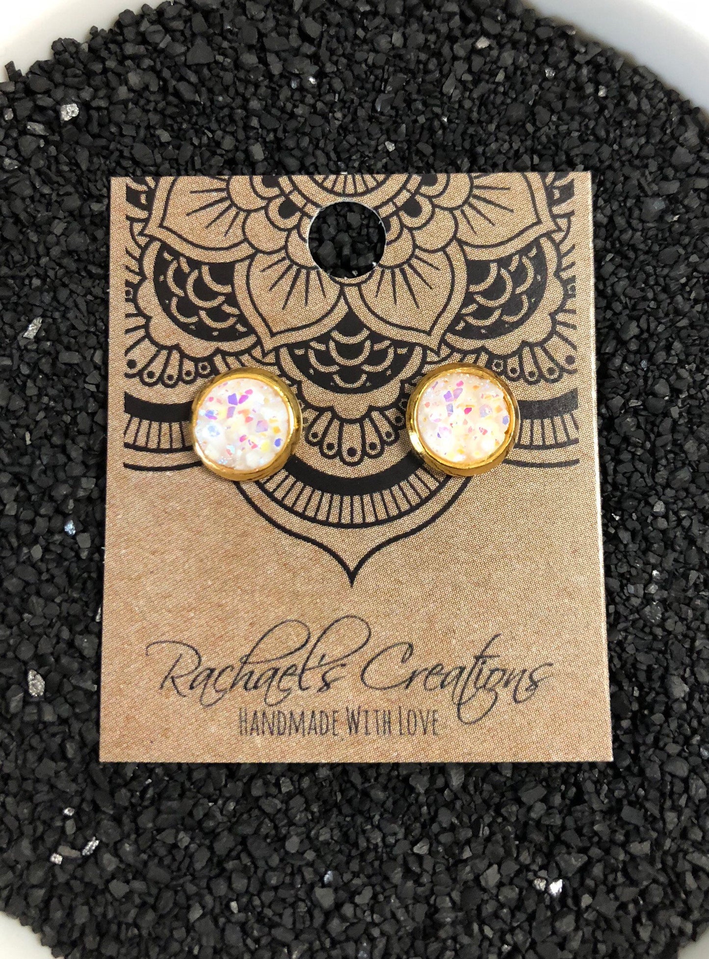 Pink Snow Druzy Stud Earrings - 8mm Stone on Gold