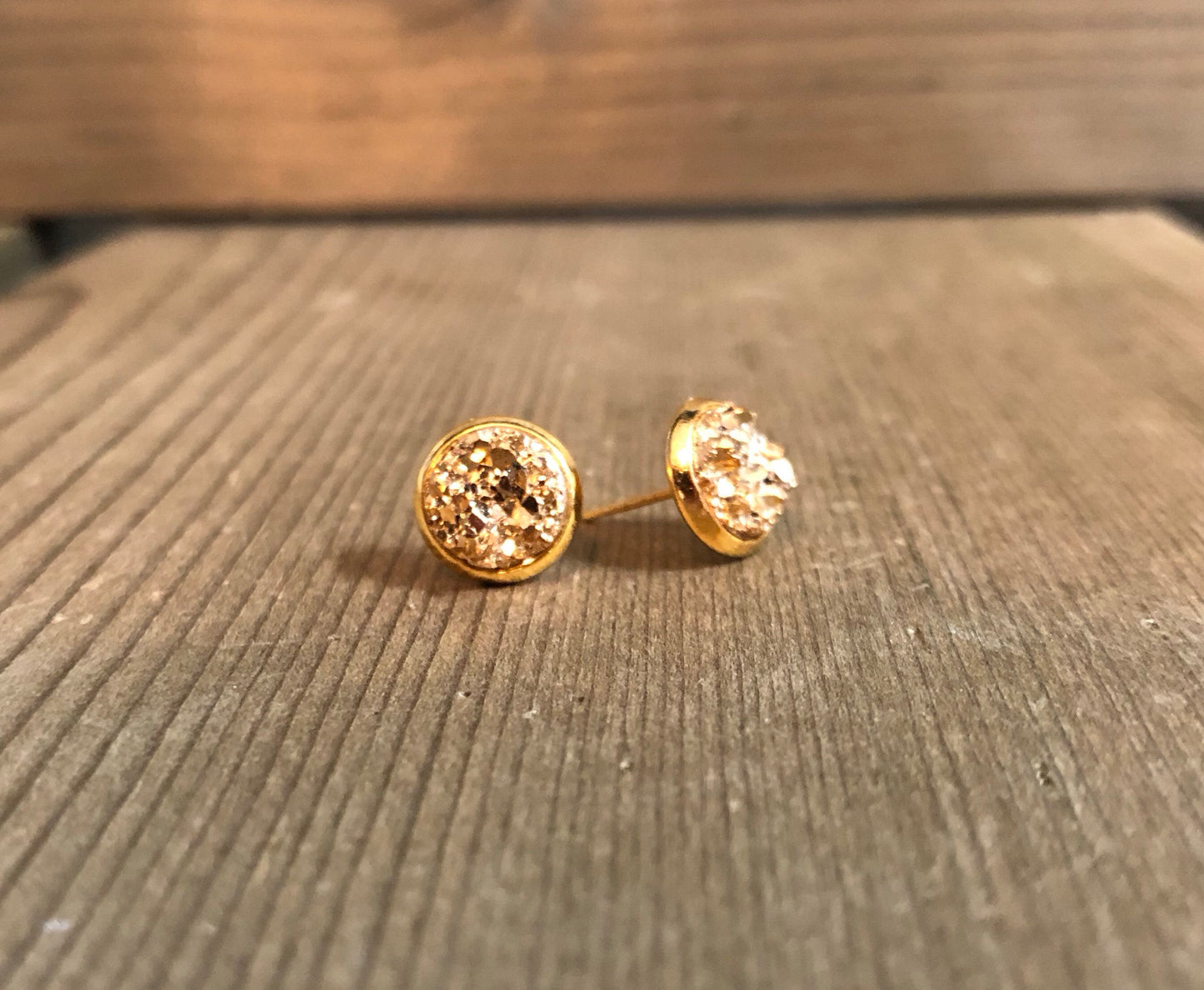 Gold Druzy Stud Earrings - 8mm Stone on Gold