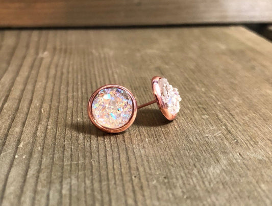 Crystal/Diamond Druzy Stud Earrings - 10mm Stone on Rose Gold