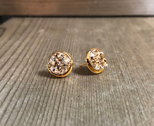 Gold Druzy Stud Earrings - 10mm Stone on Gold
