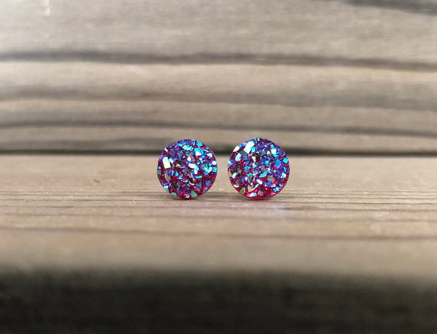 Magenta Sparkle Stud Earrings - 8mm on Surgical Grade Stainless Steel