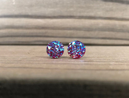 Magenta Sparkle Stud Earrings - 8mm on Surgical Grade Stainless Steel