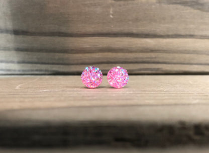 Pink Sparkle Stud Earrings - 8mm on Surgical Grade Stainless Steel