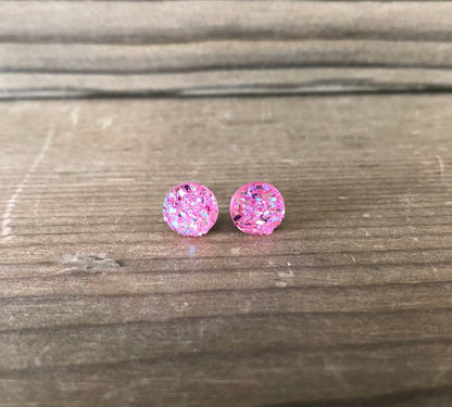 Pink Sparkle Stud Earrings - 8mm on Surgical Grade Stainless Steel