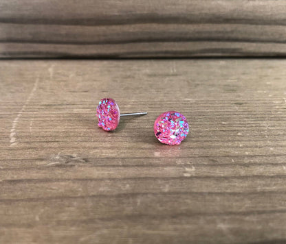 Pink Sparkle Stud Earrings - 8mm on Surgical Grade Stainless Steel
