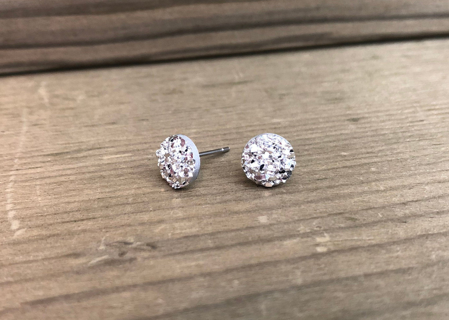 Bright Silver Sparkle Stud Earrings - 8mm on Surgical Stainless Steel