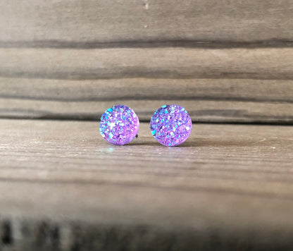 Lilac Sparkle Stud Earrings - 8mm on Surgical Grade Stainless Steel