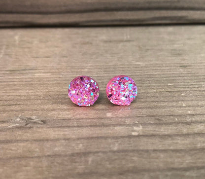 Pink Sparkle Stud Earrings - 8mm on Surgical Grade Stainless Steel