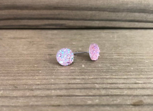 Pink Champagne Sparkle Stud Earrings - 8mm on Surgical Grade Stainless Steel