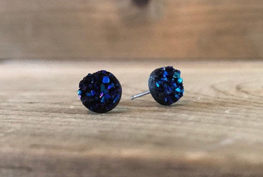 Deep Denim/Navy Druzy Stud Earrings - 8mm on Surgical Grade Stainless Steel