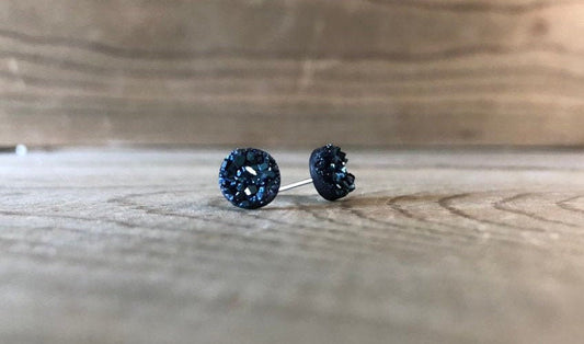 Midnight Blue Druzy Stud Earring - 8mm Stone on Surgical Grade Stainless Steel