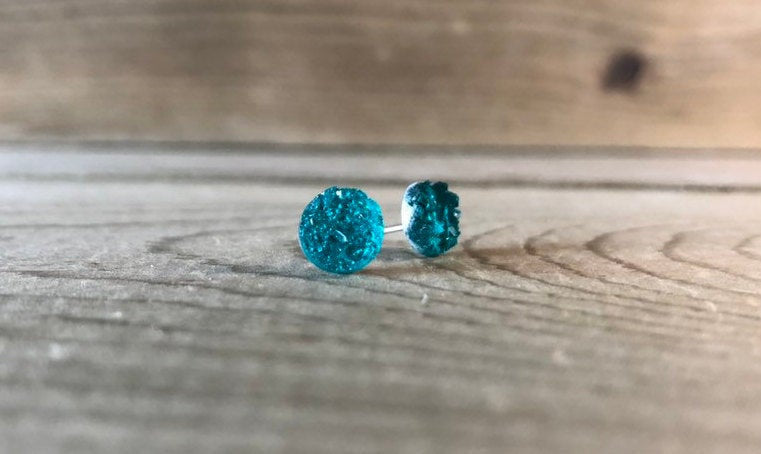 Teal Druzy Stud Earrings - 8mm on Surgical Grade Stainless Steel