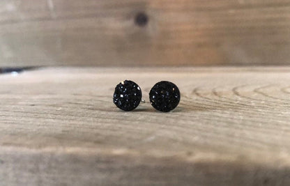 Black Sparkle Stud Earrings - 8mm on Surgical Grade Stainless Steel