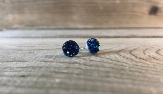 Navy Druzy Stud Earrings - 8mm on Surgical Grade Stainless Steel