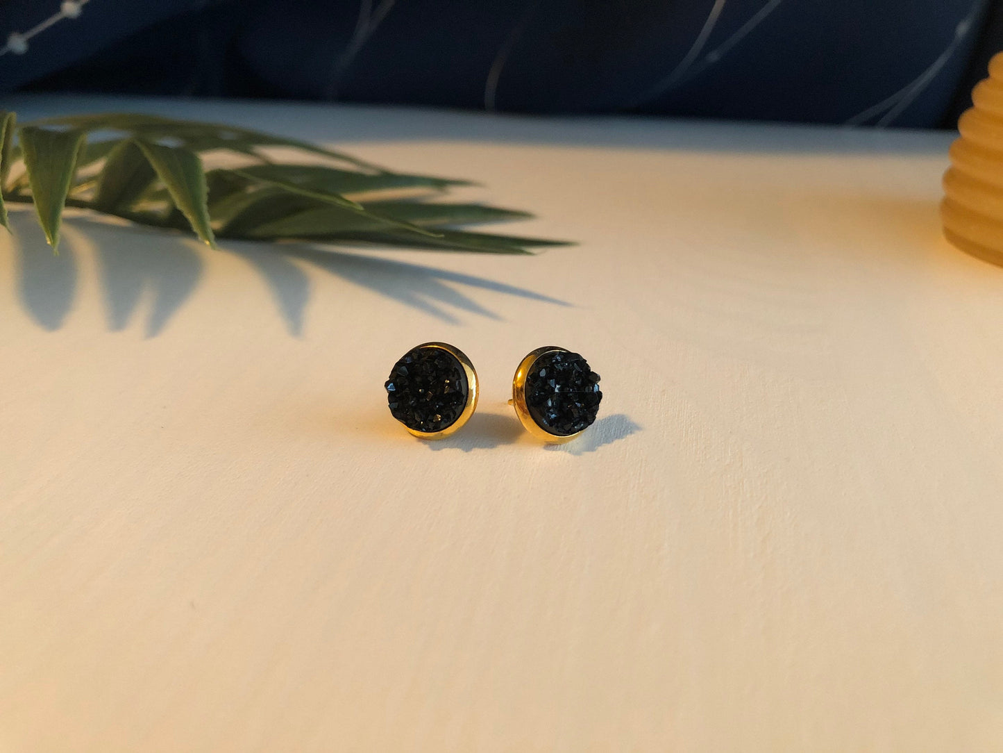 Black Druzy Stud Earrings - 10mm Stone on Gold