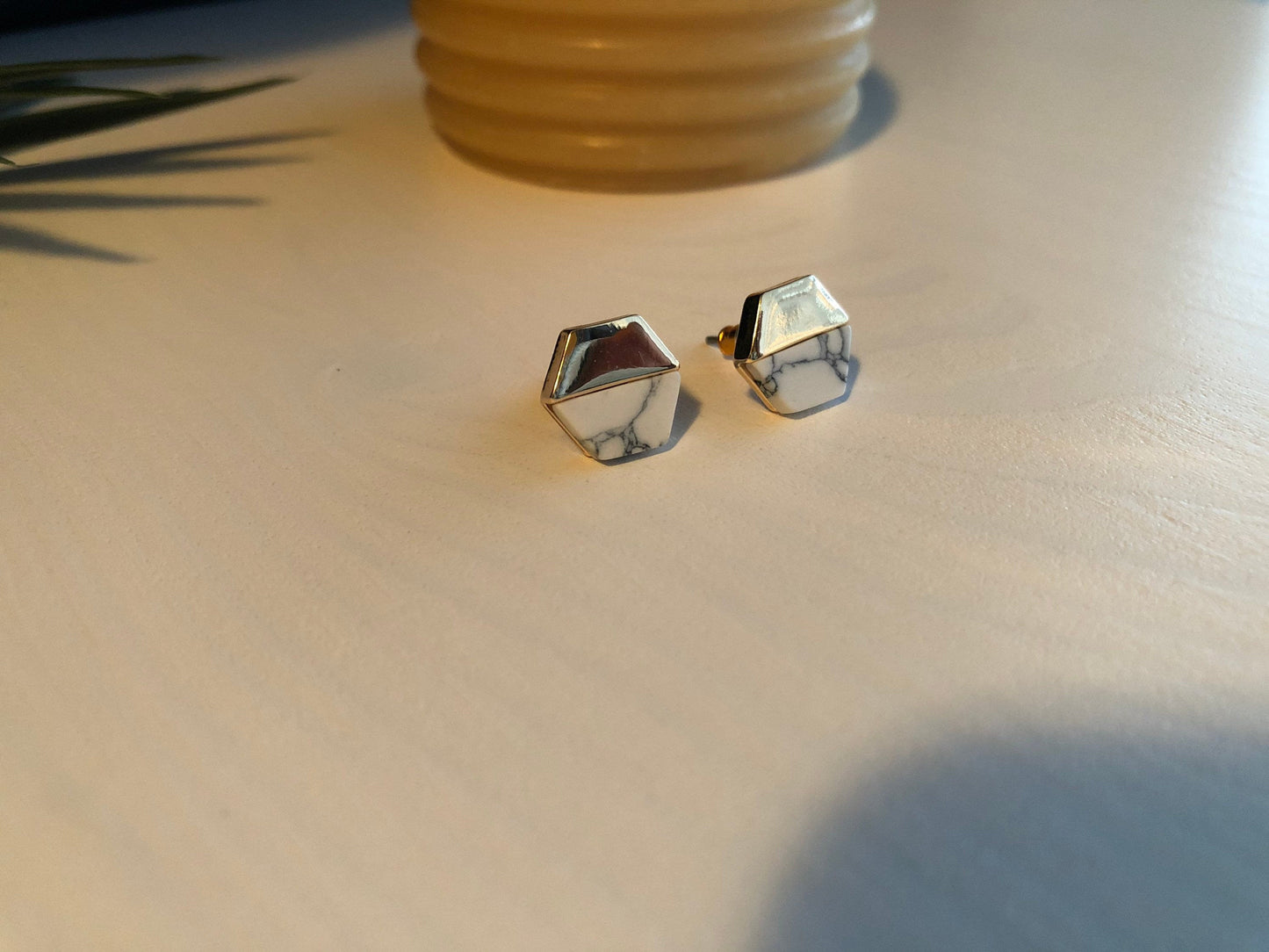 White Marble + Gold Hexagon Stud Earrings