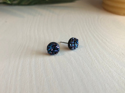 Midnight Purple Druzy Stud Earrings - 8mm on Surgical Grade Stainless Steel