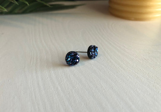 Midnight Purple Druzy Stud Earrings - 8mm on Surgical Grade Stainless Steel