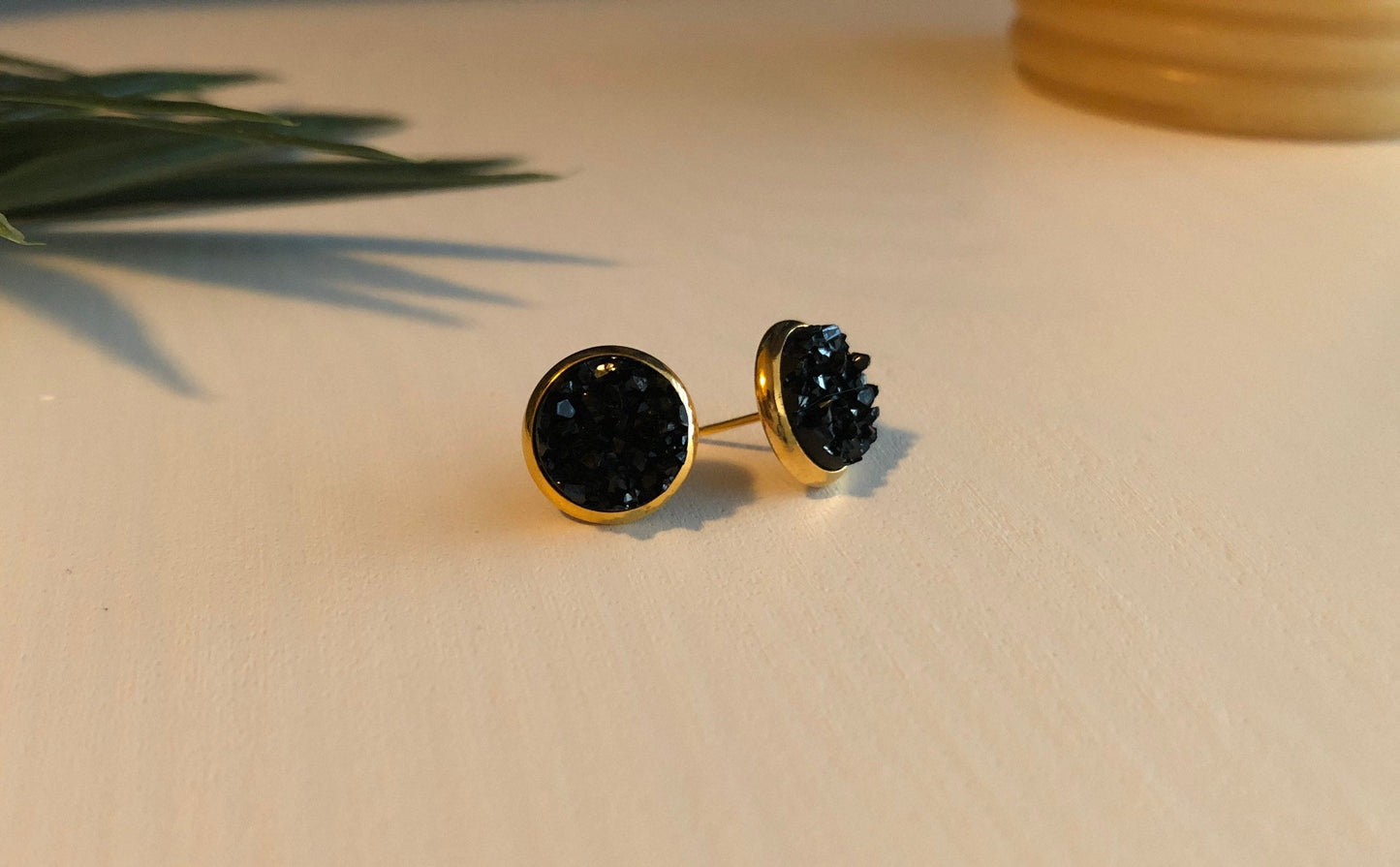 Black Druzy Stud Earrings - 10mm Stone on Gold