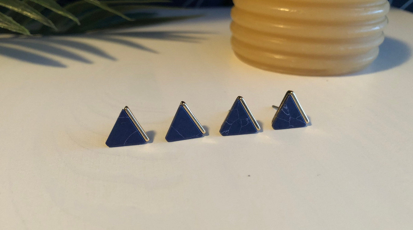 Navy Marble + Gold Triangle Stud Earrings