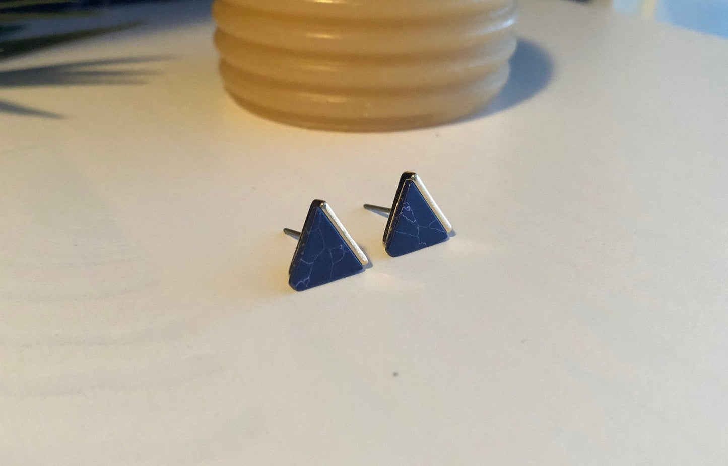 Navy Marble + Gold Triangle Stud Earrings