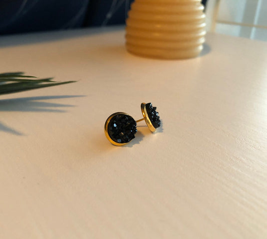 Black Druzy Stud Earrings - 10mm Stone on Gold