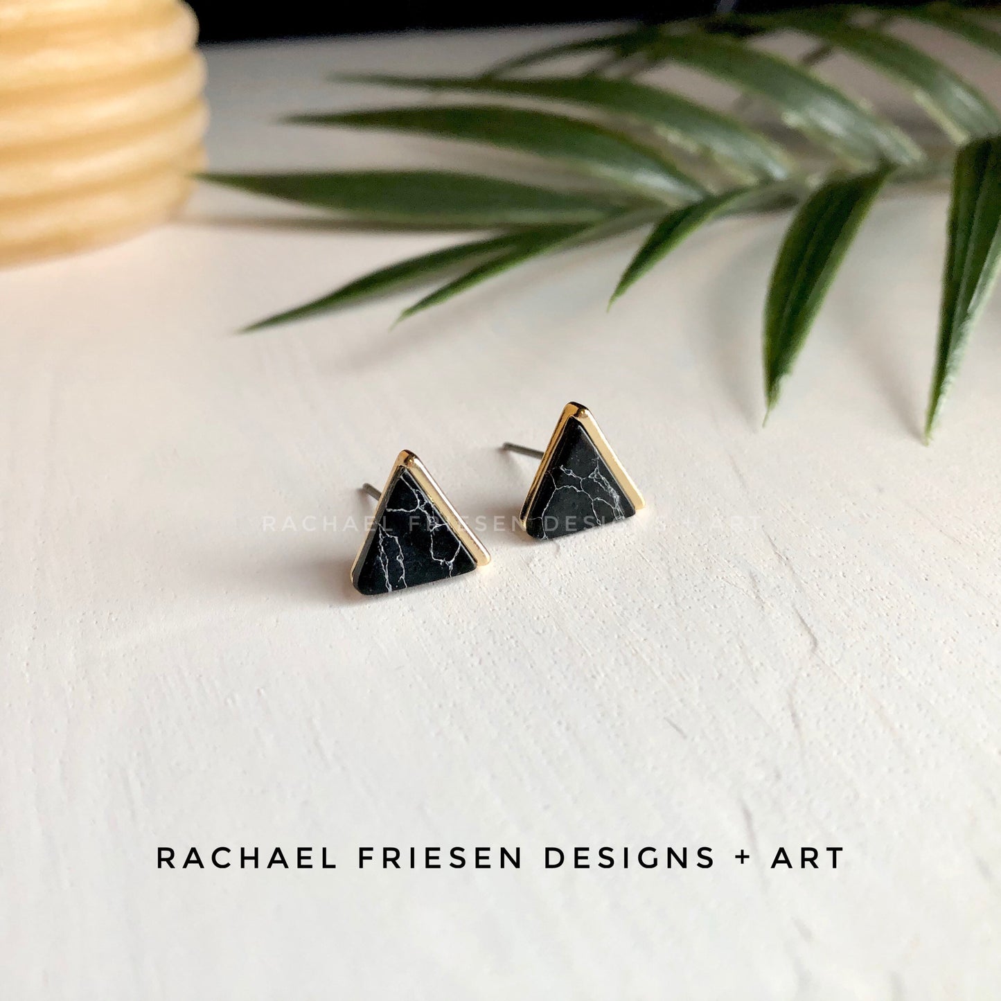 Black Marble + Gold Triangle Studs