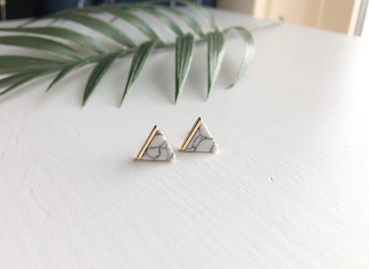White Marble + Gold Triangle Stud Earrings