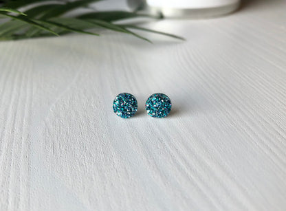 Teal Mermaid Sparkle Stud Earrings - 8mm on Surgical Grade Stainless Steel