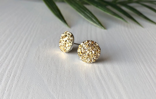 Gold Sparkle Stud Earrings - 12mm on Stainless Steel Posts.