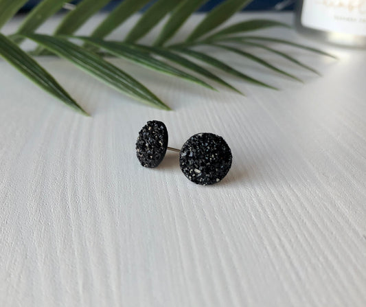 Black Sparkle Stud Earrings - 12mm on Stainless Steel Posts.