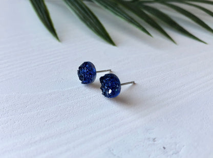 Navy Druzy Stud Earrings - 8mm on Surgical Grade Stainless Steel