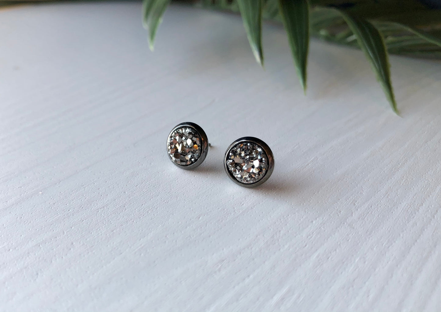 Gunmetal Druzy Stud Earrings - 8mm Stone on Gunmetal