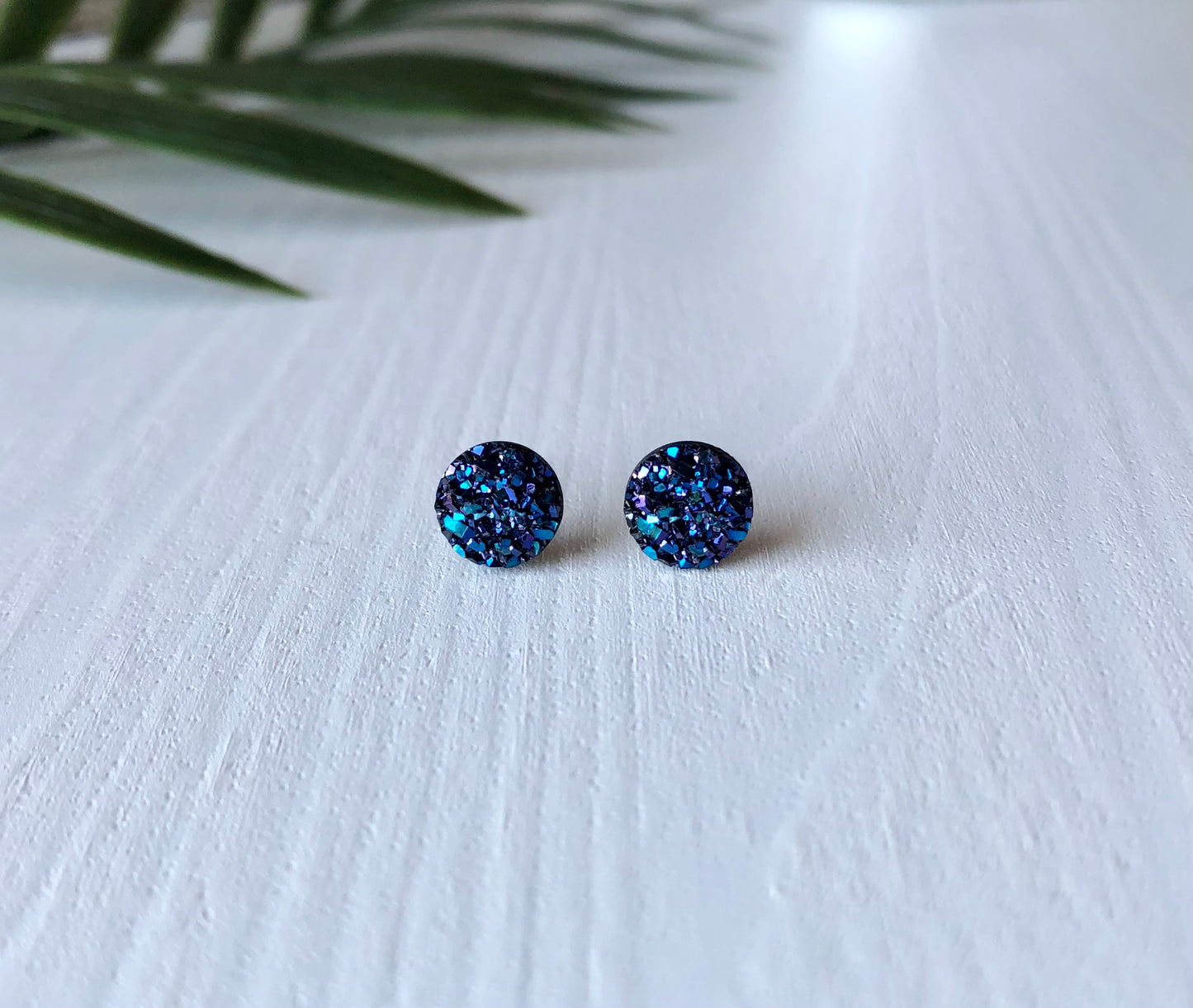 Midnight Purple Sparkle Stud Earrings - 8mm on Surgical Grade Stainless Steel