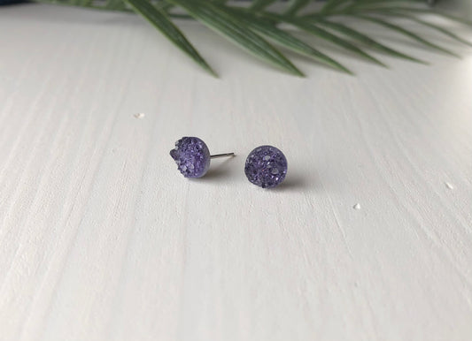 Purple Indigo Druzy Stud Earrings - 8mm on Surgical Grade Stainless Steel