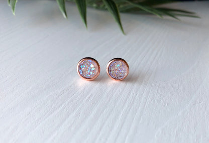 Lavender Druzy Stud Earrings - 8mm Stone on Rose Gold